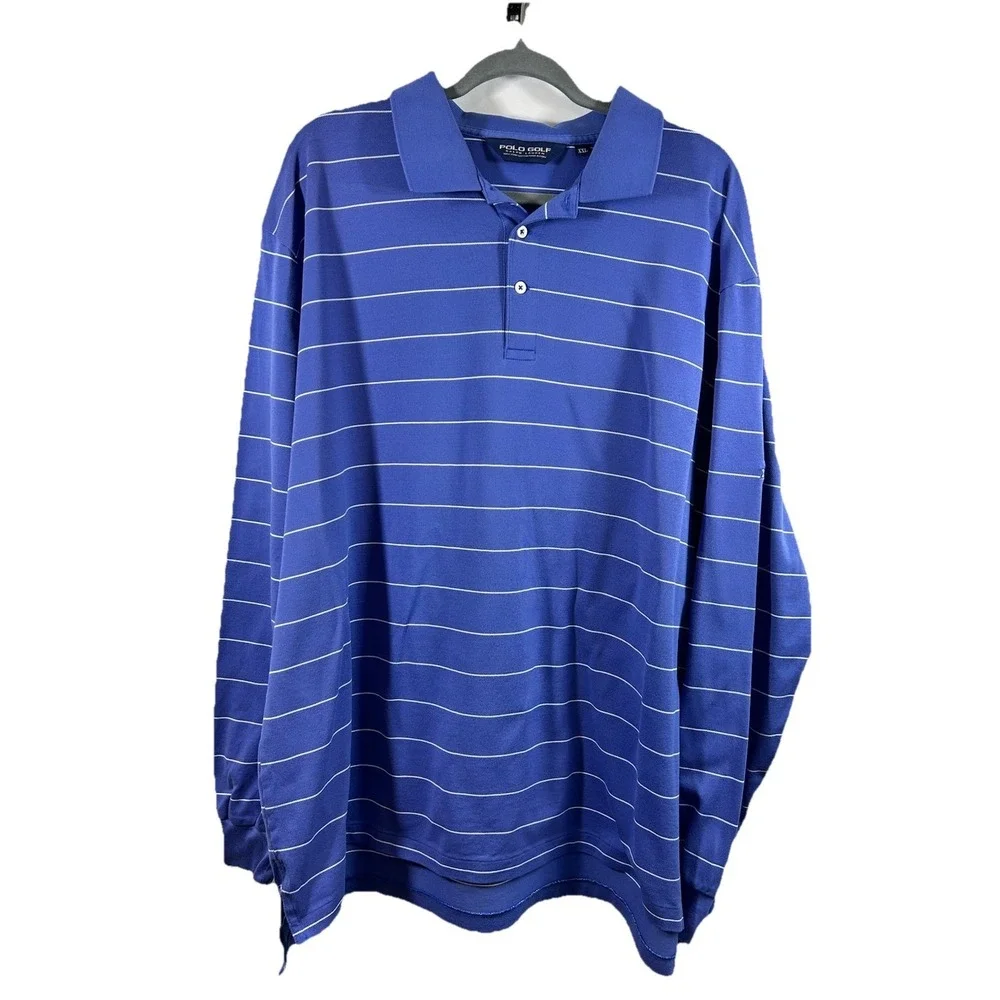Polo Golf Ralph Lauren XXL Pima Cotton LS Shirt Hermitage C.G. Logo Blue Stipped